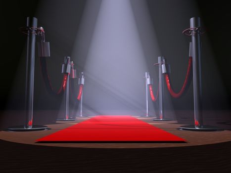 A red carpet with stanchions and spot lights.