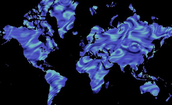 An abstract map of the world with wavy blue continents.