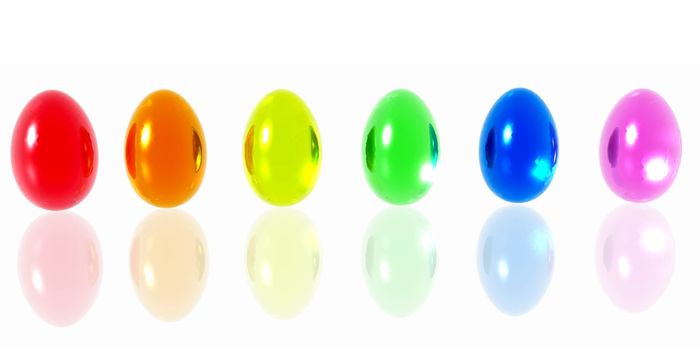 Brightly colored Easter eggs on a reflective surface.