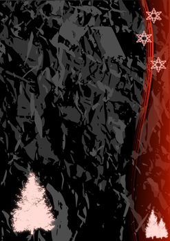 Christmas illustration of glowing red snowflakes on a black marble like background.