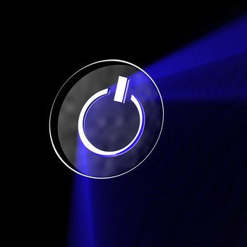 An electronic devices power button glowing blue.