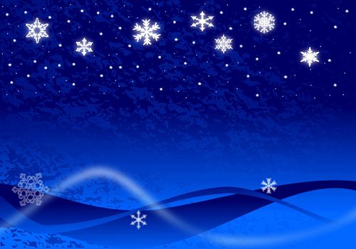 Christmas illustration of glowing snowflakes and stars with abstract snow drifts and blowing snow on blue.