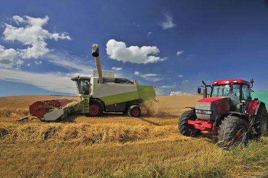 A combine harvester harvests wheat under a British summer sky. Space for text in the sky.