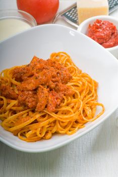 italian spaghetti pasta with fresh homemade tomato and chicken sauce