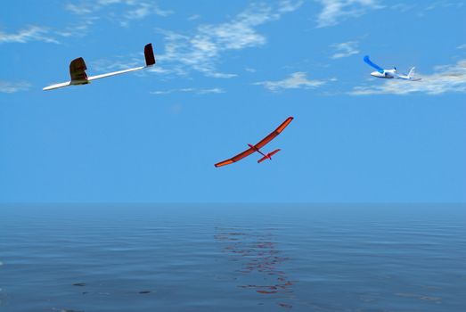 Three model airplanes flying over the ocean on a leisurely flight