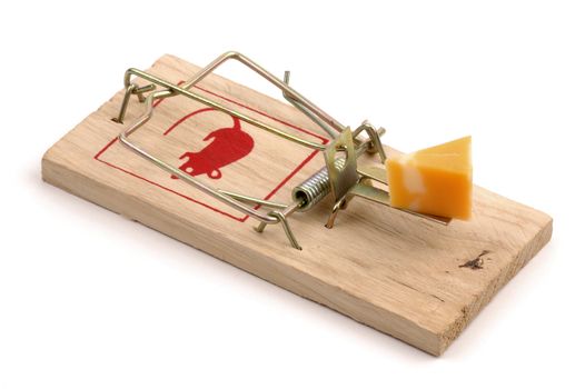 Mousetrap baited with cheese on a white background.