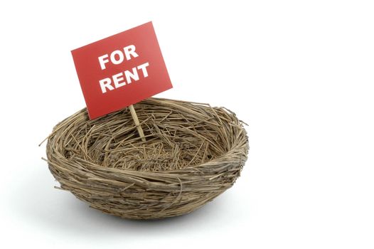 Bird nest with a for rent sign.