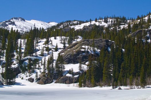 Christmas trees on a ridge above a frozen lake in Rocky Mountain National Park