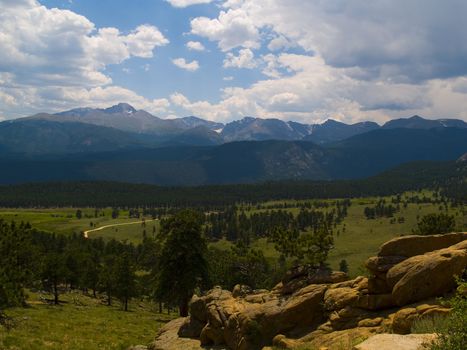 Summer afternoon rain clouds over Longs Peak and the Front Range of the Rocky Mountains in Rocky Mountain National Park