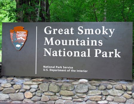 Great Smoky Mountains National Park sign in Tennessee.
