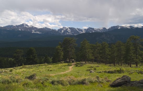 Path into the Front Range of the Rocky Mountains in a Spring rain.