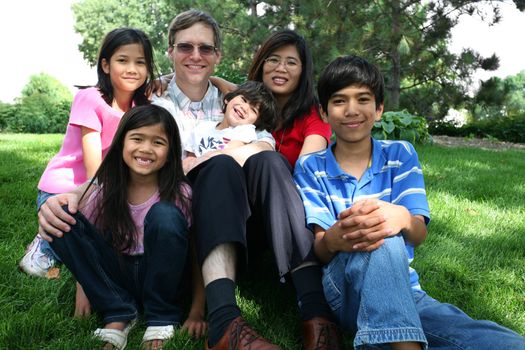 Large multiracial family sitting on lawn