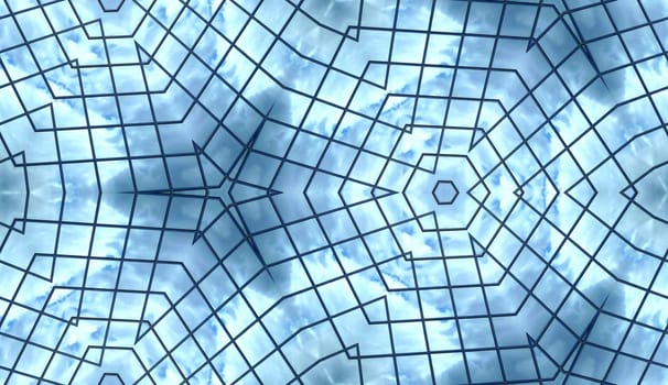 A seamless pattern background of some glass windows that are reflecting clouds.