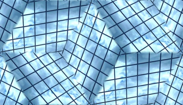 A seamless pattern background of some glass windows that are reflecting clouds.