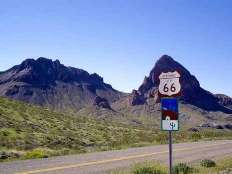 Historic Route 66 sign on desert highway Arizona USA