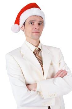 Businessman in a red Christmas hat isolated on white background