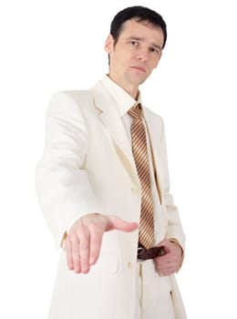 Not a friendly young man in a business suit on white background