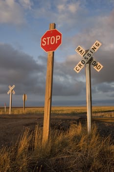 Rural single track railroad crossing witrh a stop sign in Colorado farmland
