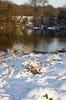 A view of a lake in winter with snow