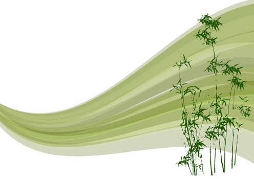 Abstract bamboo illustration with green wind on white background.