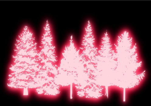 A line of glowing red Christmas trees against an abstract background.