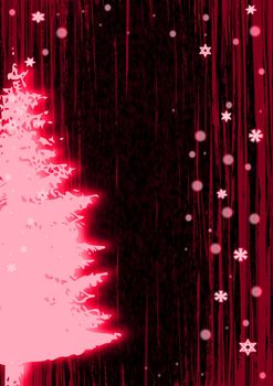 Christmas illustration of glowing red snowflakes and trees.