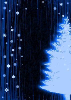 Christmas illustration of glowing blue snowflakes and trees.