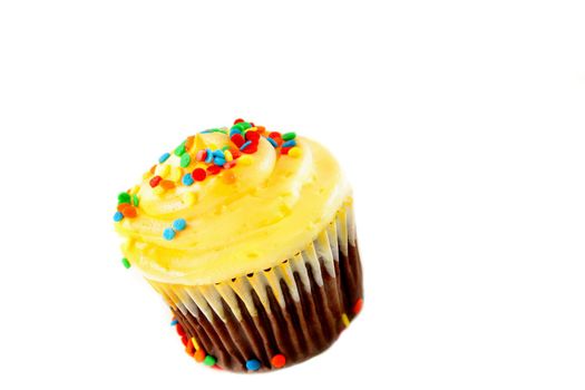 A single cupcake isolated on a white background with copyspace.