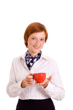 Beautiful young woman with a cup. Portrait in a high key.