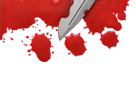 Bloody red blots and knife isolated on white with clipping path