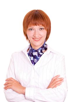 Charming girl in a white blouse. Portrait in a high key.