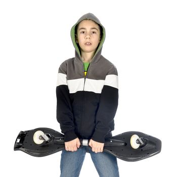 a boy with a waveboard on white