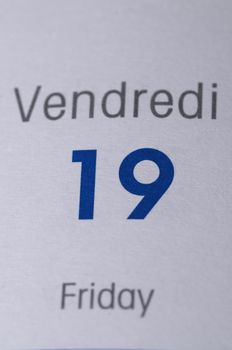 close-up on a calendar date, friday 19