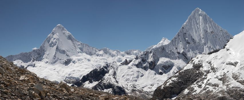 Panoramic photo of Artesonraju and Piramide summits. Cordillera Blanca, Peru.