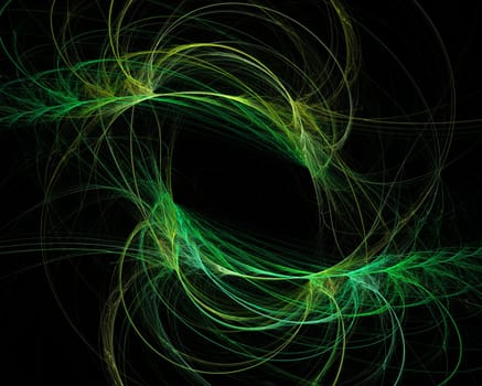 Abstract green curves like feathers on a black background