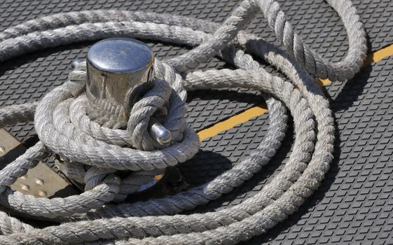 Close-up of a steel bitt and rope