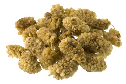 a pile of dried mulberry fruits isolated on white background