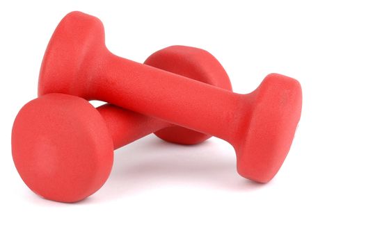 Red fitness weights on a white background.