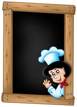 Blackboard with lurking woman chef - color illustration.