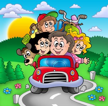 Happy family going on vacation - color illustration.