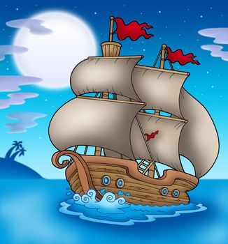 Old boat sailing sea at night - color illustration.