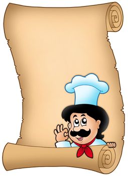 Parchment with lurking cartoon chef - color illustration.