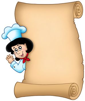 Parchment with lurking woman chef - color illustration.