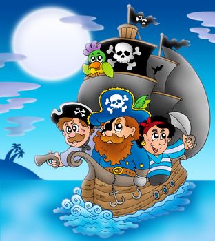 Sailboat with cartoon pirates at night - color illustration.