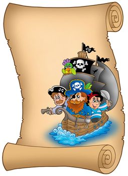 Scroll with sailboat and pirates - color illustration.