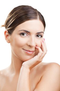 Close-up portrait of a beautiful and fresh woman isolated on white