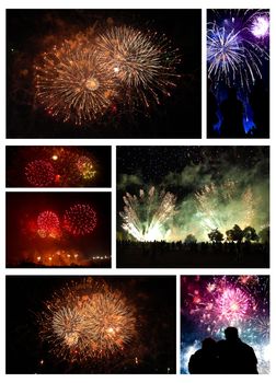 Collage of fireworks - people admiring fireworks.