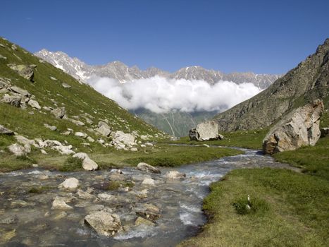 Mountains and river. Caucasus. Kabardino-Balkariya. Bezengi