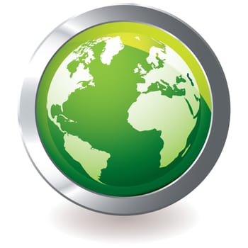 Green earth globe icon with silver metal bevel and shadow