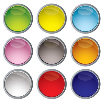 Nine web icon buttons with bright colors and metal trim